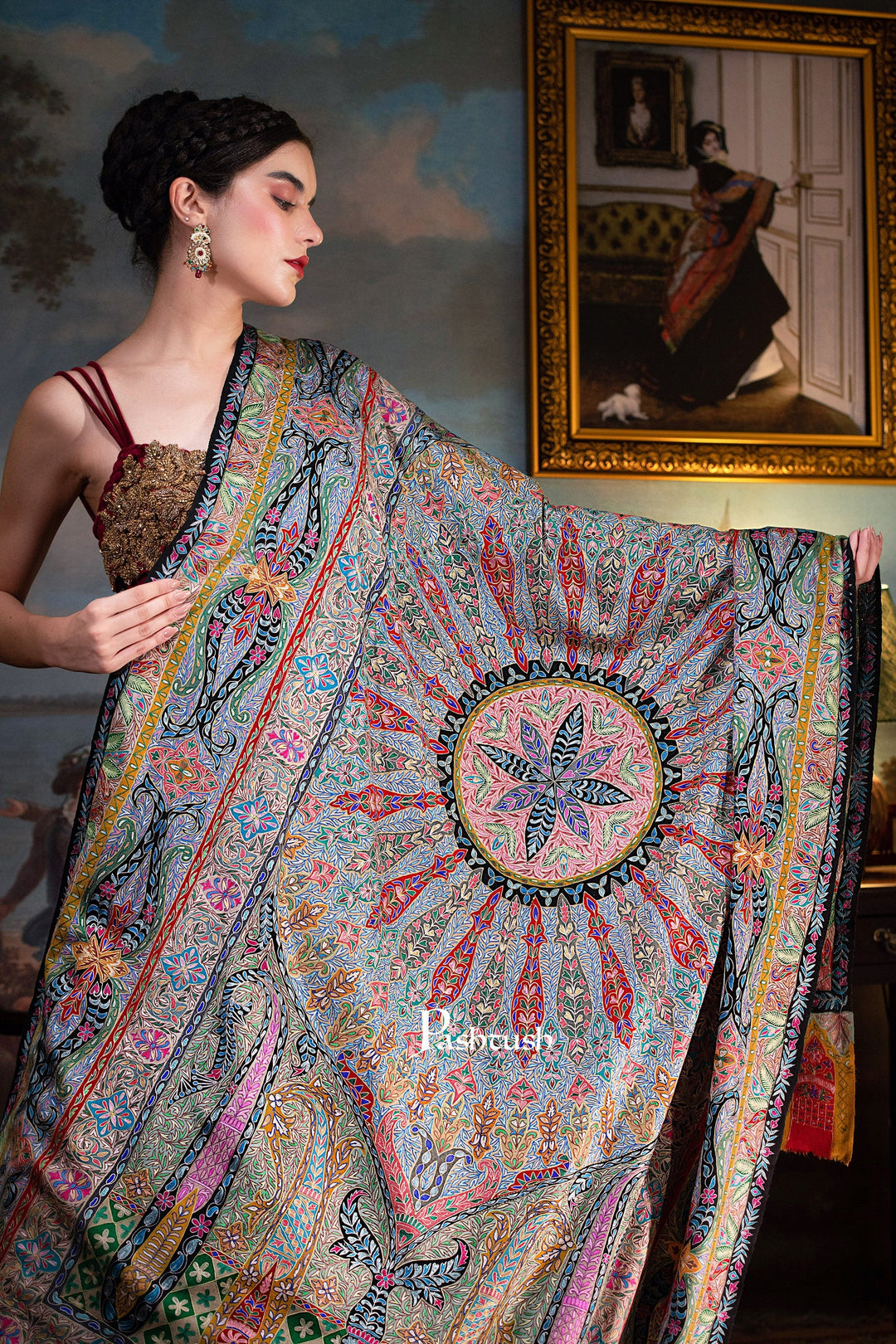 Pashtush India Womens Shawls Pashtush Womens Pashmina, Hand Embroidered Hand Painted Kalamkari Shawl, Multicoloured