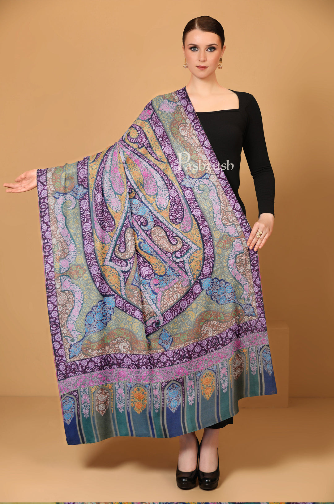 Pashtush India Womens Shawls Pashtush Womens Pashmina, Hand Embroidered Papier-mâché Shawl, With Intricate Resham Threadword