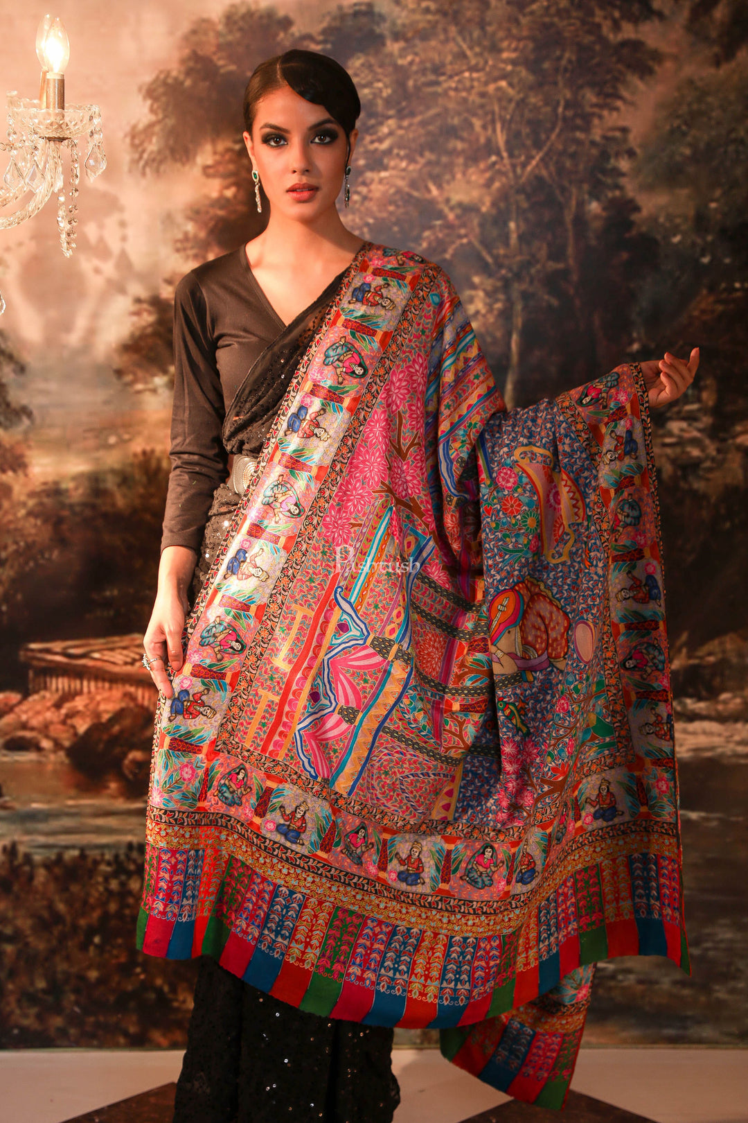 Pashtush India Womens Shawls Pashtush Womens Pashmina Handmade Kalamkari Shawl, Multicolour