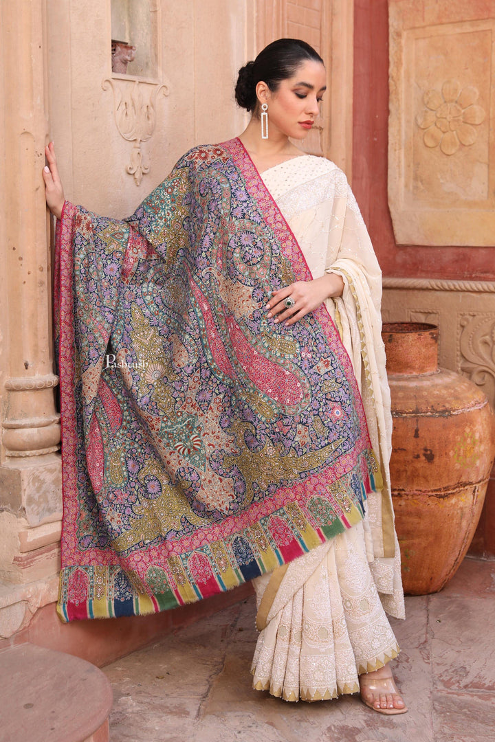 Pashtush India Womens Shawls Pashtush Womens Pashmina Kalamkari Shawl, Hand Painted And Embroidered Kalamkari, Hand Woven