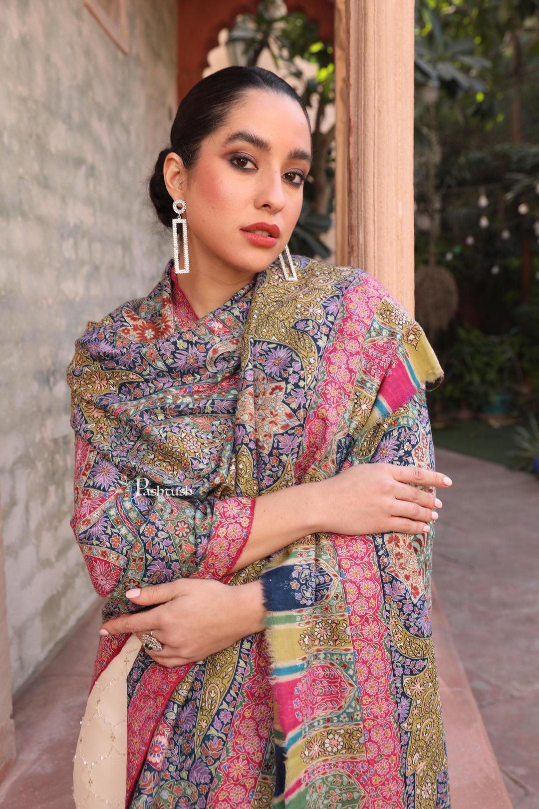 Pashtush India Womens Shawls Pashtush Womens Pashmina Kalamkari Shawl, Hand Painted And Embroidered Kalamkari, Hand Woven