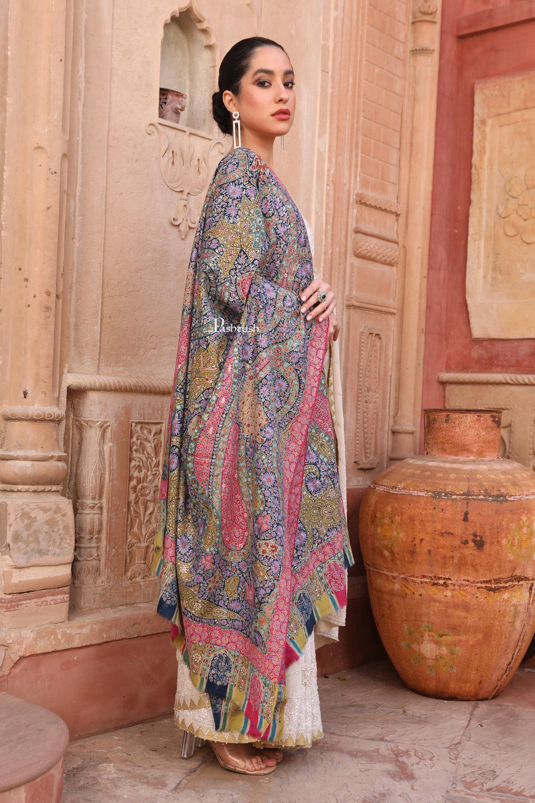 Pashtush India Womens Shawls Pashtush Womens Pashmina Kalamkari Shawl, Hand Painted And Embroidered Kalamkari, Hand Woven