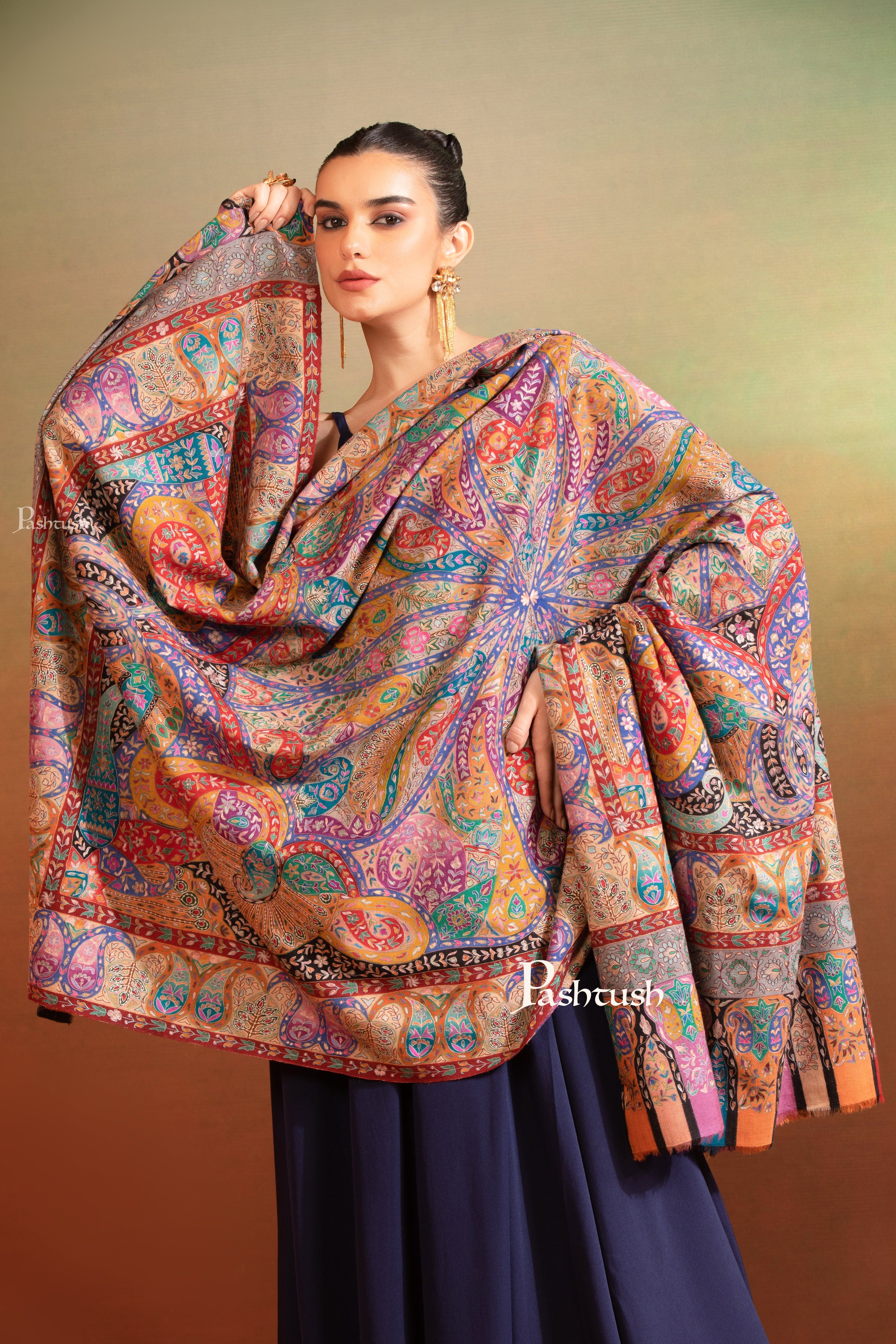 Pashtush Womens Pashmina Kalamkari Shawl Hand Painted And Embroidered Kalamkari Handloom