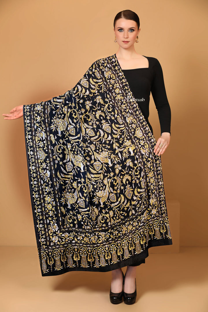 Pashtush India Womens Shawls Pashtush Womens Pashmina Shawl, Kashmiri Tilla Work, Handloom, Black