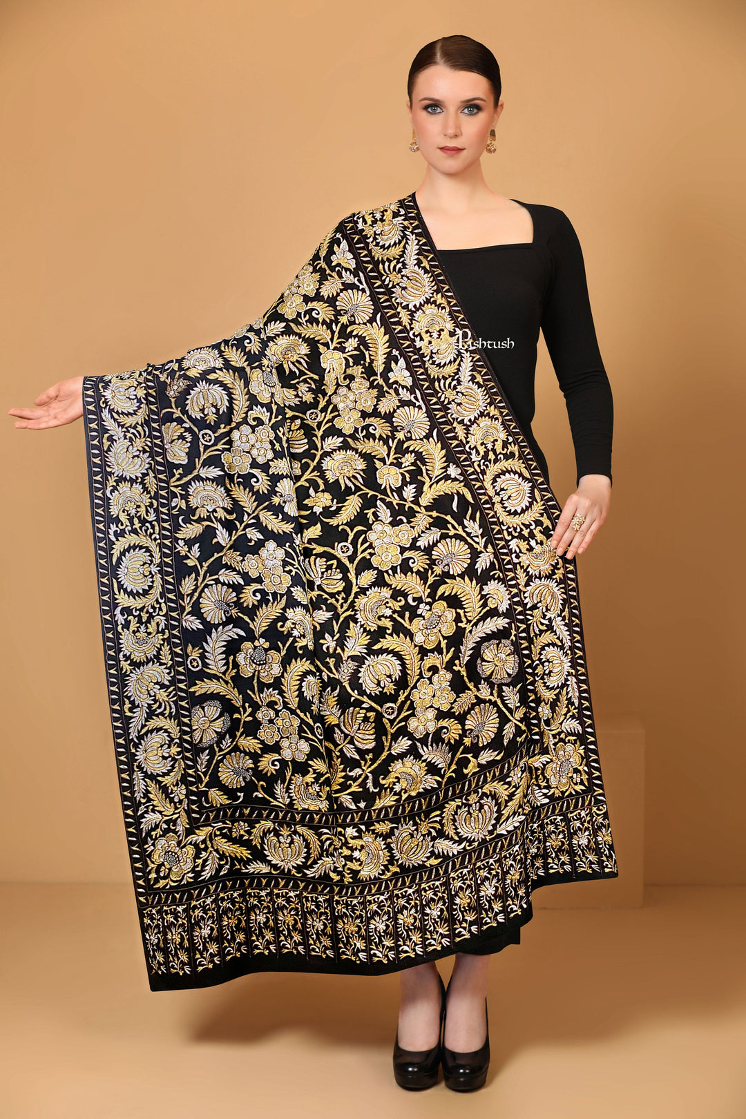 Pashtush India Womens Shawls Pashtush Womens Pashmina Shawl, Kashmiri Tilla Work, Handloom, Black