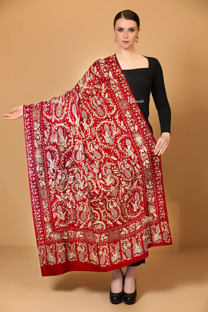 Pashtush India Womens Shawls Pashtush Womens Pashmina Shawl, Kashmiri Tilla Work, Handloom, Red