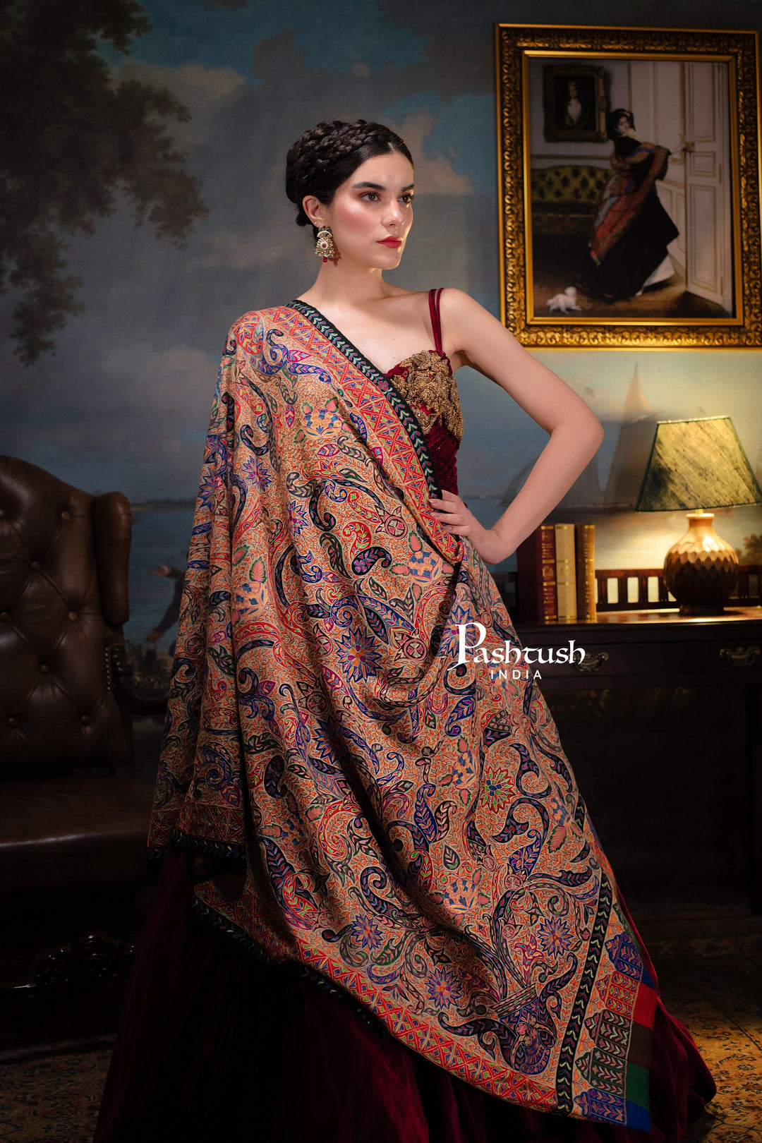 Pashtush India Womens Shawls Pashtush Womens Pure Pashmina, Hand Embroidered Hand Painted Kalamkari Shawl, Multicoloured