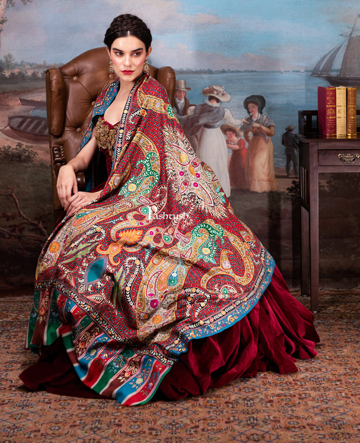 Pashtush India Womens Shawls Pashtush Womens Pure Pashmina, Hand Embroidered Hand Painted Kalamkari Shawl, Multicoloured