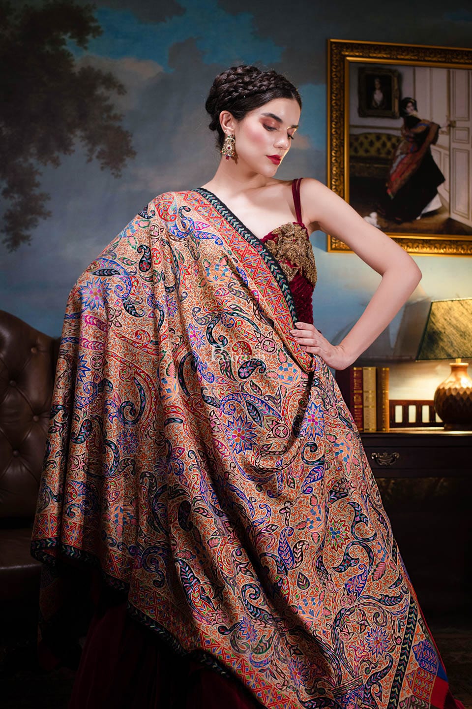 Pashtush India Womens Shawls Pashtush Womens Pure Pashmina, Hand Embroidered Hand Painted Kalamkari Shawl, Multicoloured