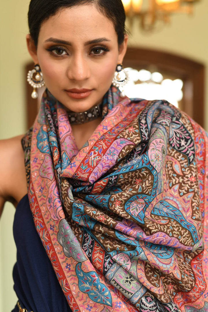 Pashtush India Womens Shawls Pashtush Womens Pure Pashmina Shawl, Hand Painted And Embroidered Kalamkari Design, Multicolour