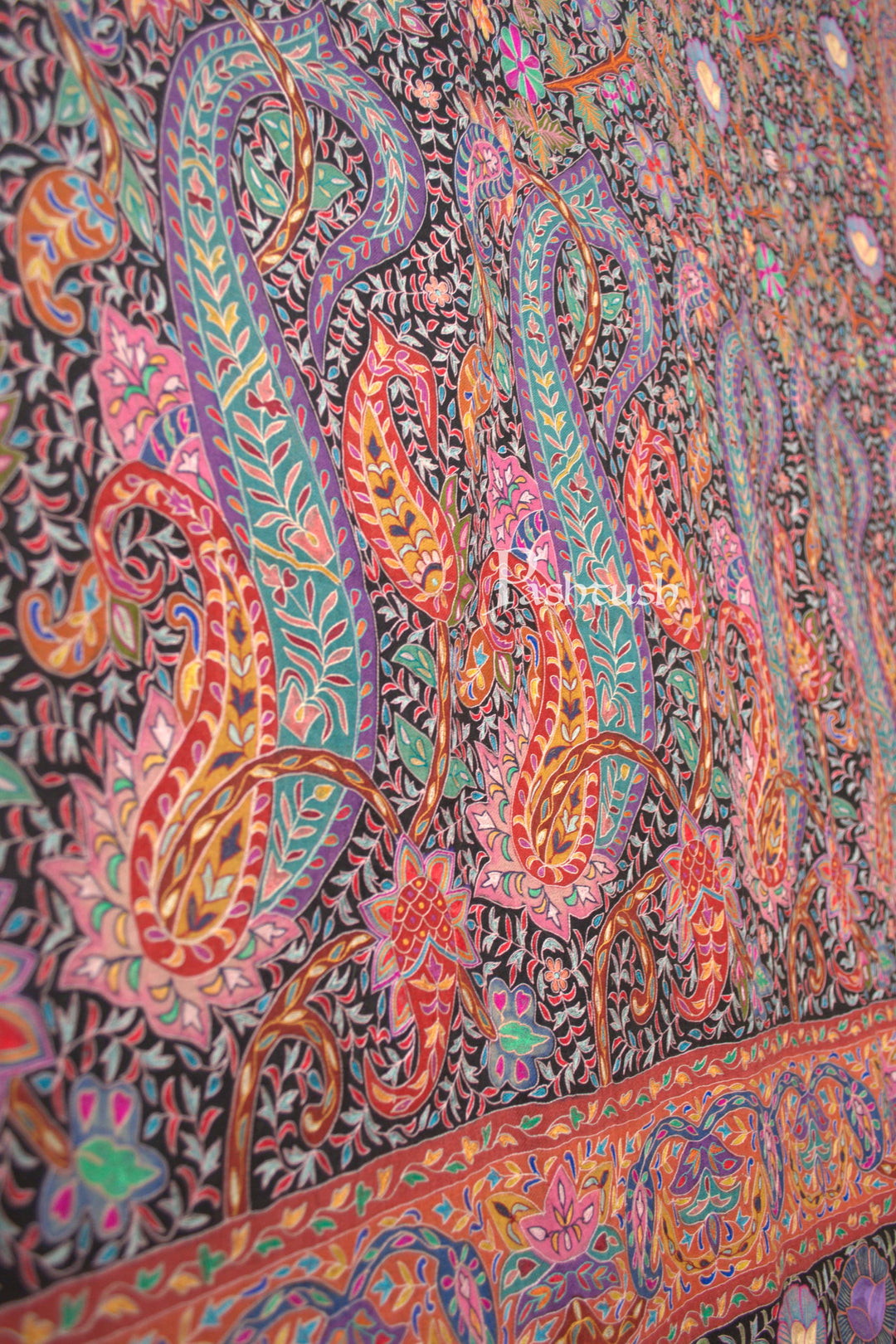 Pashtush India Womens Shawls Pashtush Womens Pure Pashmina Shawl, Hand Painted And Embroidered Kalamkari Design, Multicolour