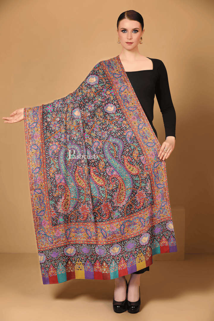 Pashtush India Womens Shawls Pashtush Womens Pure Pashmina Shawl, Hand Painted And Embroidered Kalamkari Design, Multicolour