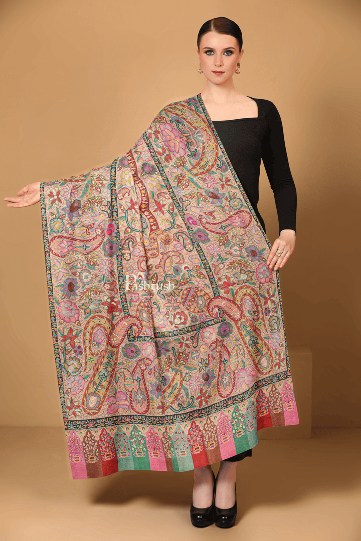 Pashtush India Womens Shawls Pashtush Womens Pure Pashmina Shawl, Hand Painted And Embroidered Kalamkari Design, Multicolour