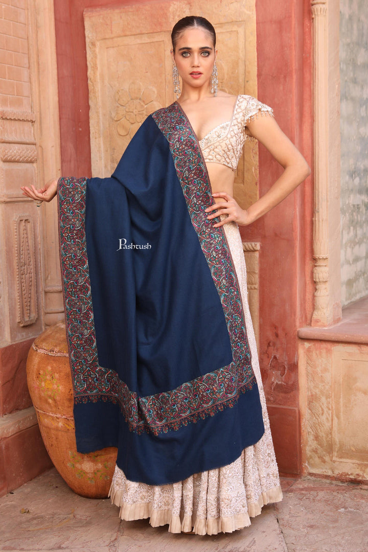 Pashtush India Womens Shawls Pashtush Womens Pure Pashmina Shawl, Hand Painted And Embroidered Kalamkari Palla Design, Navy Blue