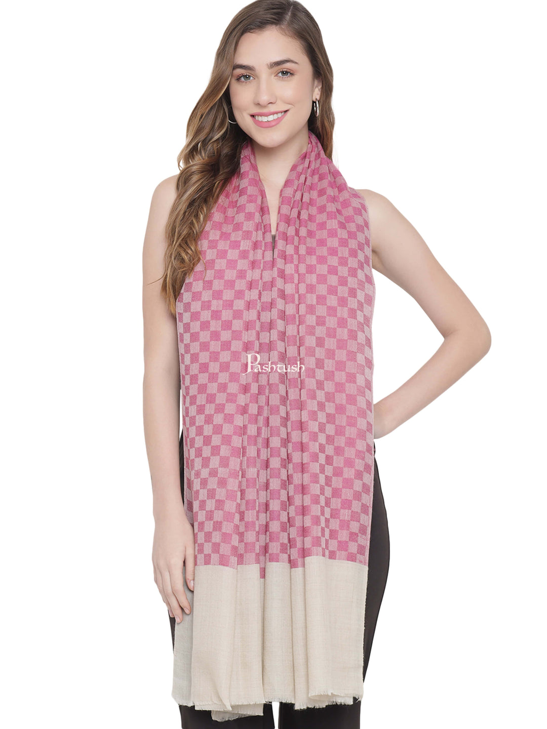 Pashtush India Womens Stoles and Scarves Scarf Pashtush Womens Self Stole, Fine Wool, Checkered Weave, Soft and Warm, Pink