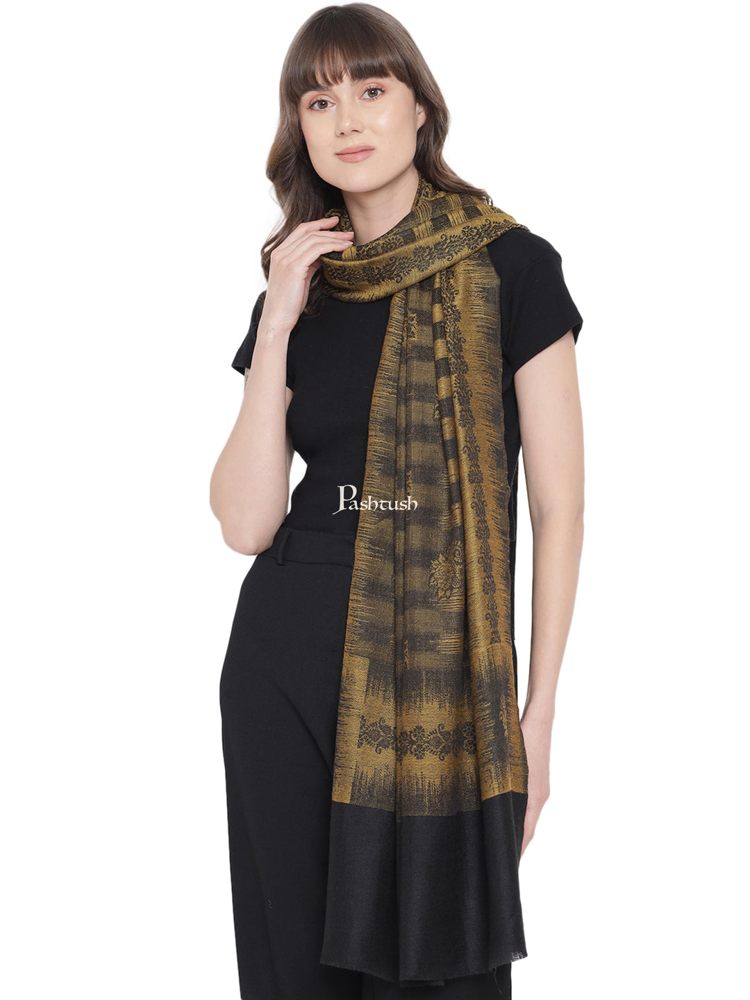 Pashtush India Womens Stoles and Scarves Scarf Pashtush Womens Self Stole, Fine Wool, Paisley Weave, Black