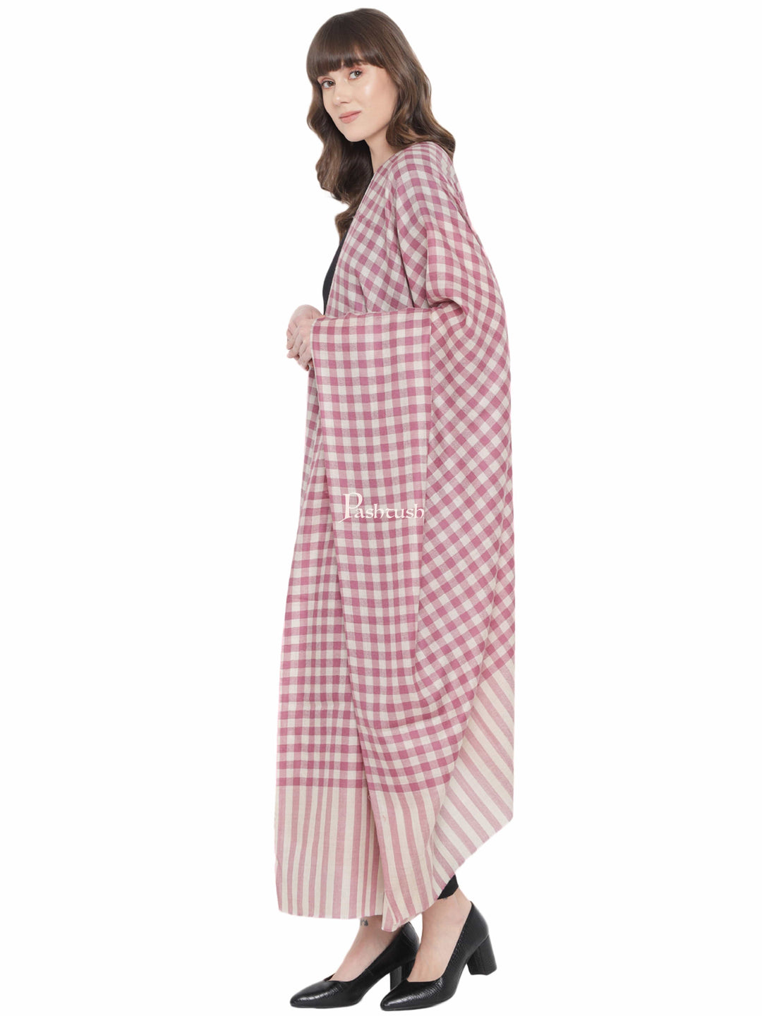 Pashwool Womens Shawls Pashtush Womens Shawl, Checkered Weave, Chashme Bulbul Weave, Soft Fine Wool, Morning Rose