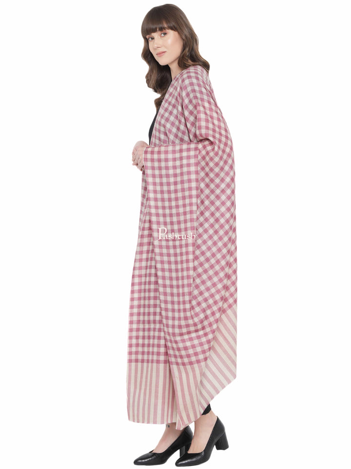 Pashwool Womens Shawls Pashtush Womens Shawl, Checkered Weave, Chashme Bulbul Weave, Soft Fine Wool, Morning Rose