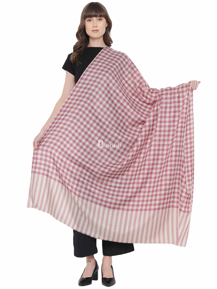 Pashwool Womens Shawls Pashtush Womens Shawl, Checkered Weave, Chashme Bulbul Weave, Soft Fine Wool, Morning Rose