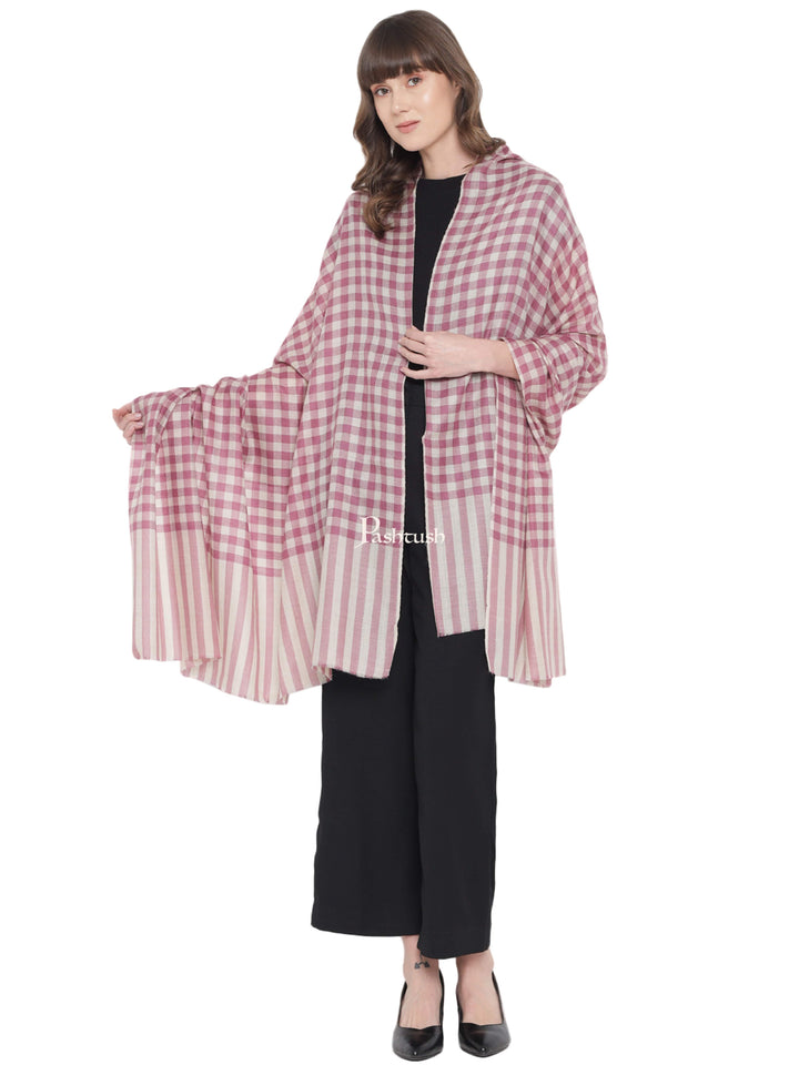 Pashwool Womens Shawls Pashtush Womens Shawl, Checkered Weave, Chashme Bulbul Weave, Soft Fine Wool, Morning Rose