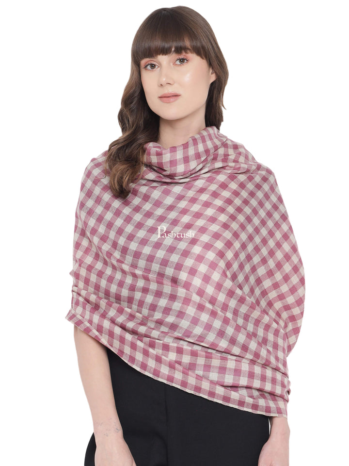 Pashwool Womens Shawls Pashtush Womens Shawl, Checkered Weave, Chashme Bulbul Weave, Soft Fine Wool, Morning Rose