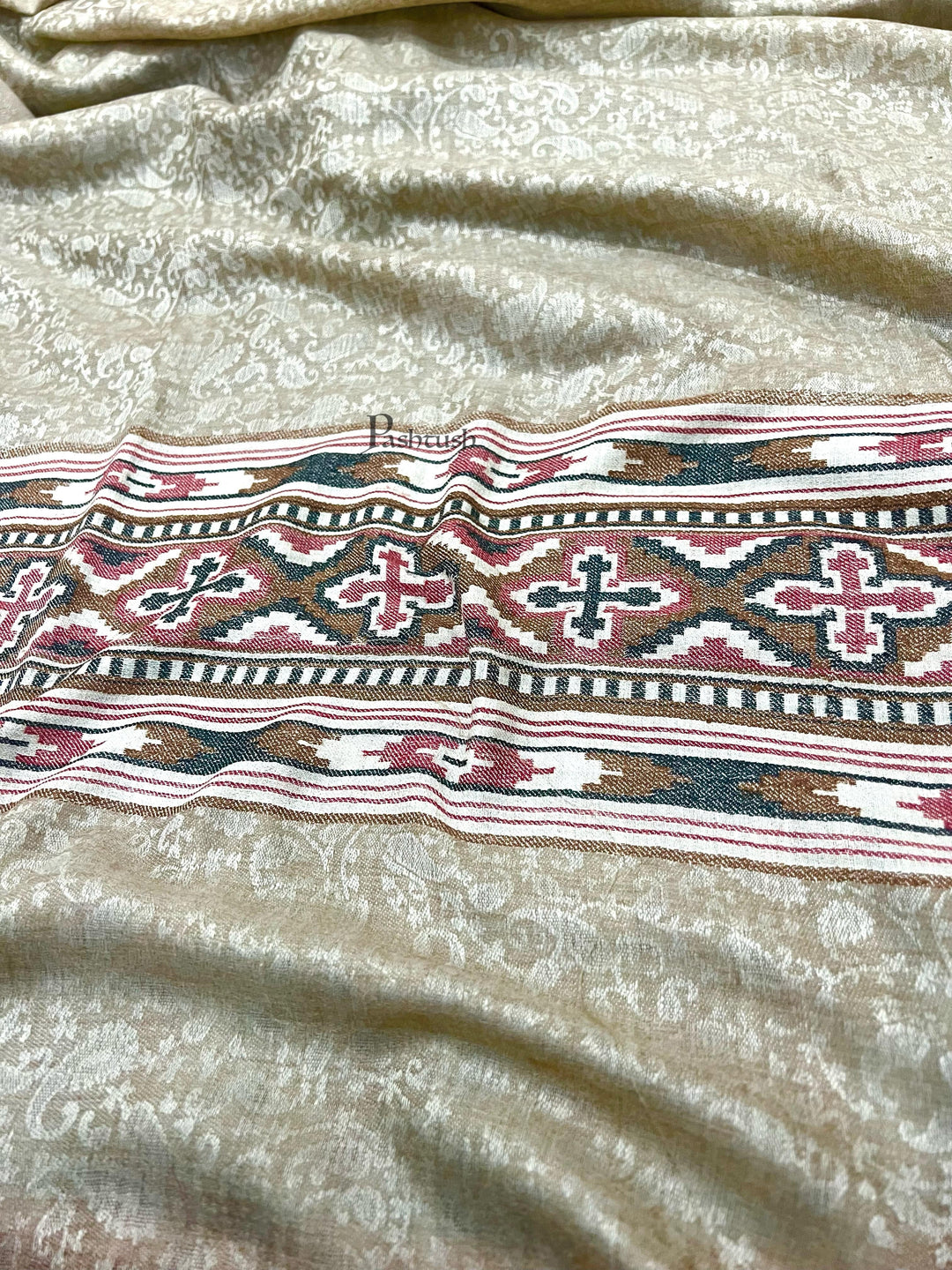 Pashtush India Womens Shawls Pashtush Womens Shawl, Extra Fine Wool, With Paisley Palla, Woven Design, Beige