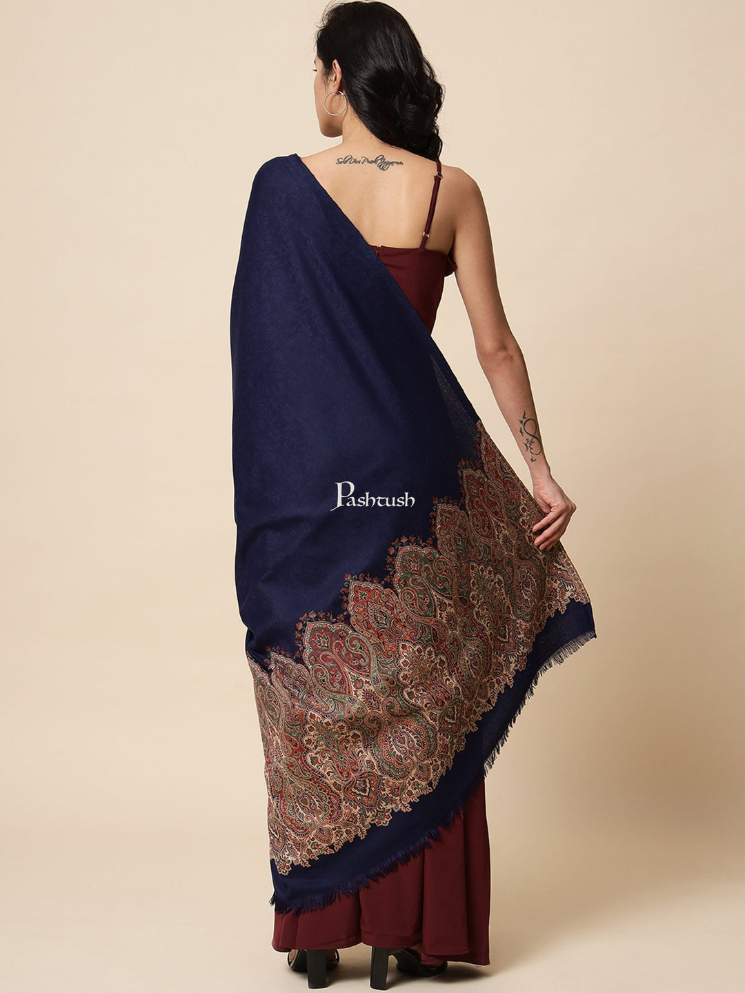 Pashtush India Womens Shawls Pashtush Womens Shawl, Faux Pashmina, Woven Palla Design , Navy Blue