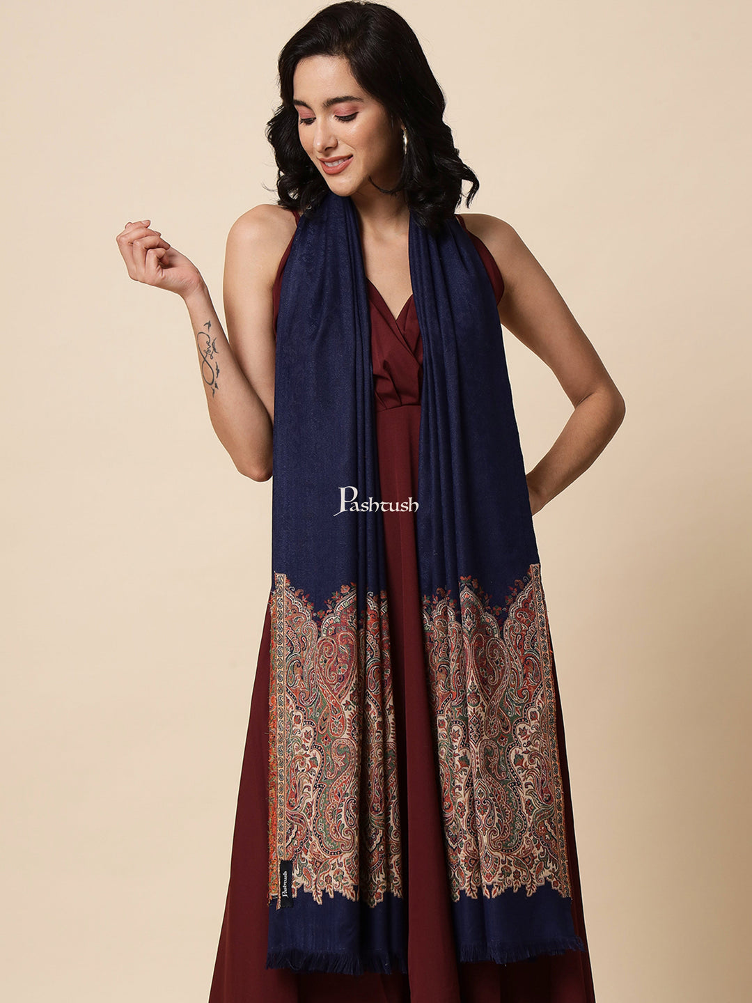 Pashtush India Womens Shawls Pashtush Womens Shawl, Faux Pashmina, Woven Palla Design , Navy Blue