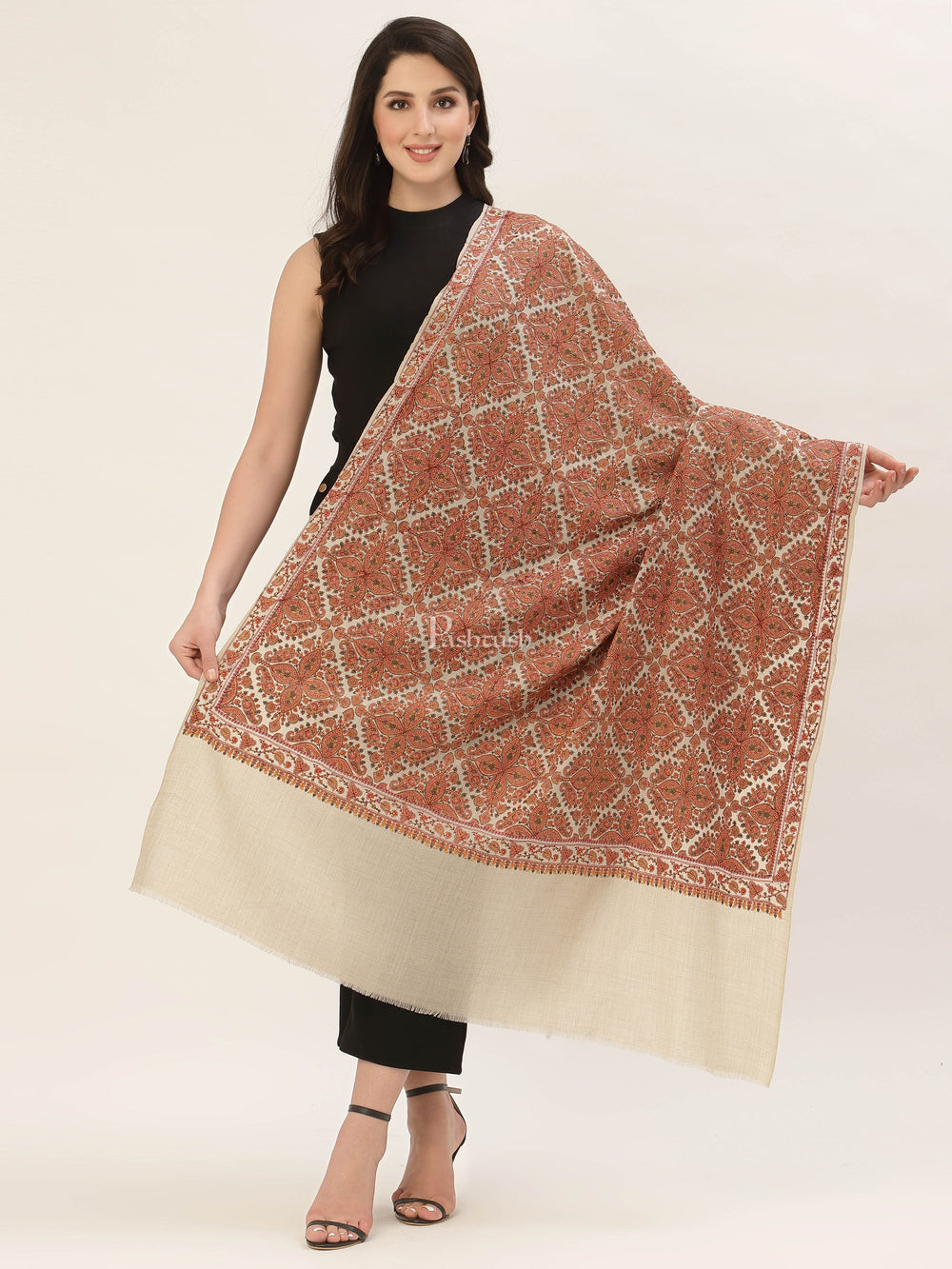 Pashtush India Womens Shawls Pashtush Womens Shawl, Fine Wool, Needlework Jaal, Papier Mache Embroidery, Beige