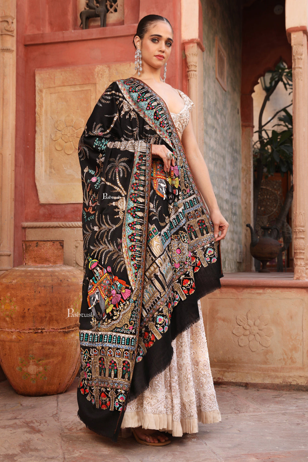 Pashtush India Womens Shawls Pashtush Womens Shawl, Tilla Embroidery, Raj Darbar, Silk Wool, Black