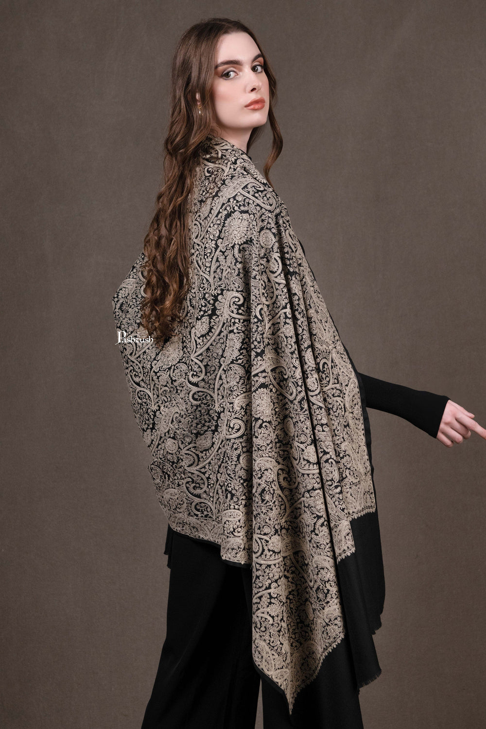 Pashtush India Womens Shawls Pashtush Womens Shawl, Tone on Tone Kashmiri Embroidery, Intricate Needlework, Black