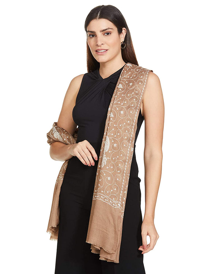 Pashtush India 100x200 Pashtush Womens Shawl With Tone On Tone Embroidery, Soft And Warm, Light Weight, Beige