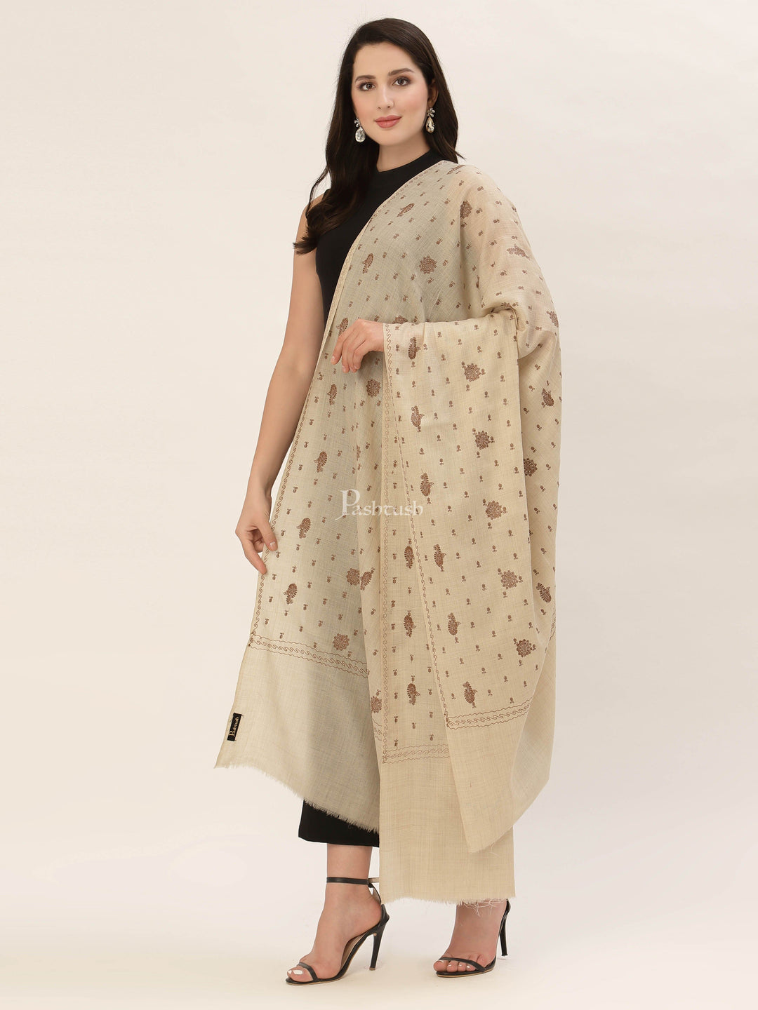 Pashtush India Womens Shawls Pashtush Womens Shawl With Tone On Tone Embroidery, Soft, Warm, Light Weight