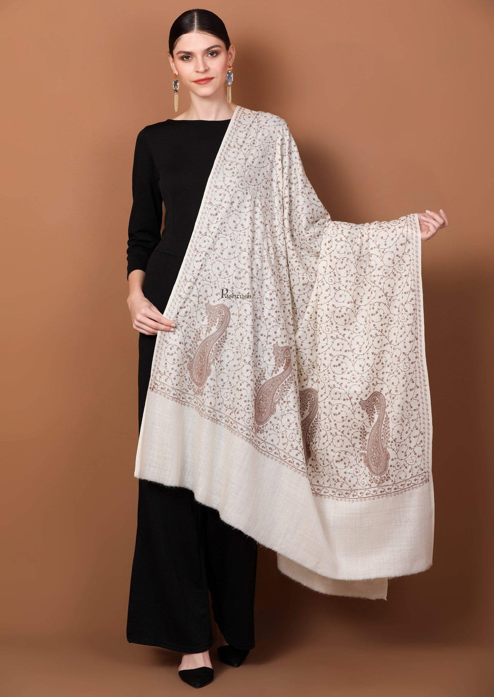 Pashtush Shawl Store Shawl Pashtush Womens Shawl with Tone on Tone Embroidery, Soft Warm, Light Weight Wool