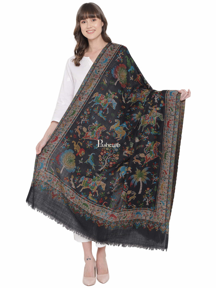 Pashtush India Womens Shawls Pashtush Womens Shikaardar Shawl, Pure Wool, With Woolmark Certificate, black