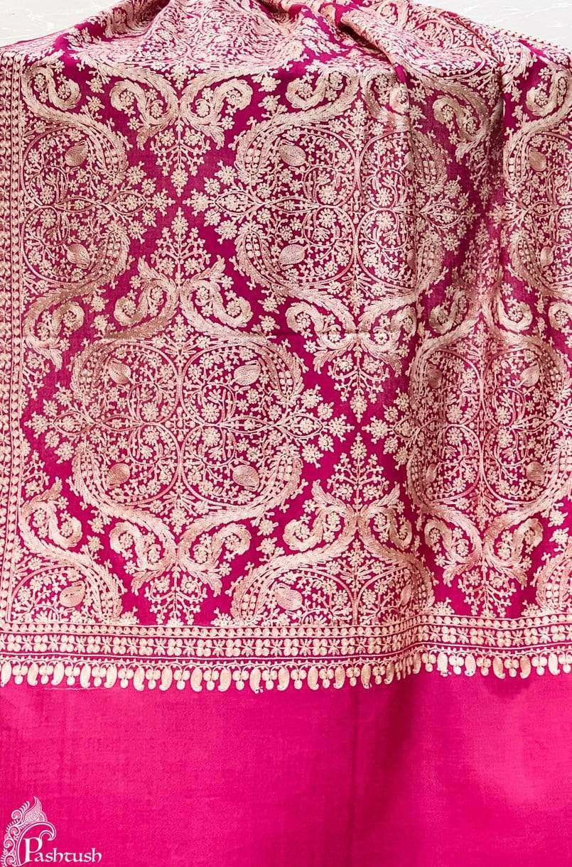 Pashtush Store Stole Pashtush Womens Silk-Pashmina Fine Wool, Nalki Embroidery Needlework Stole (28x80 inches) Deep Pink