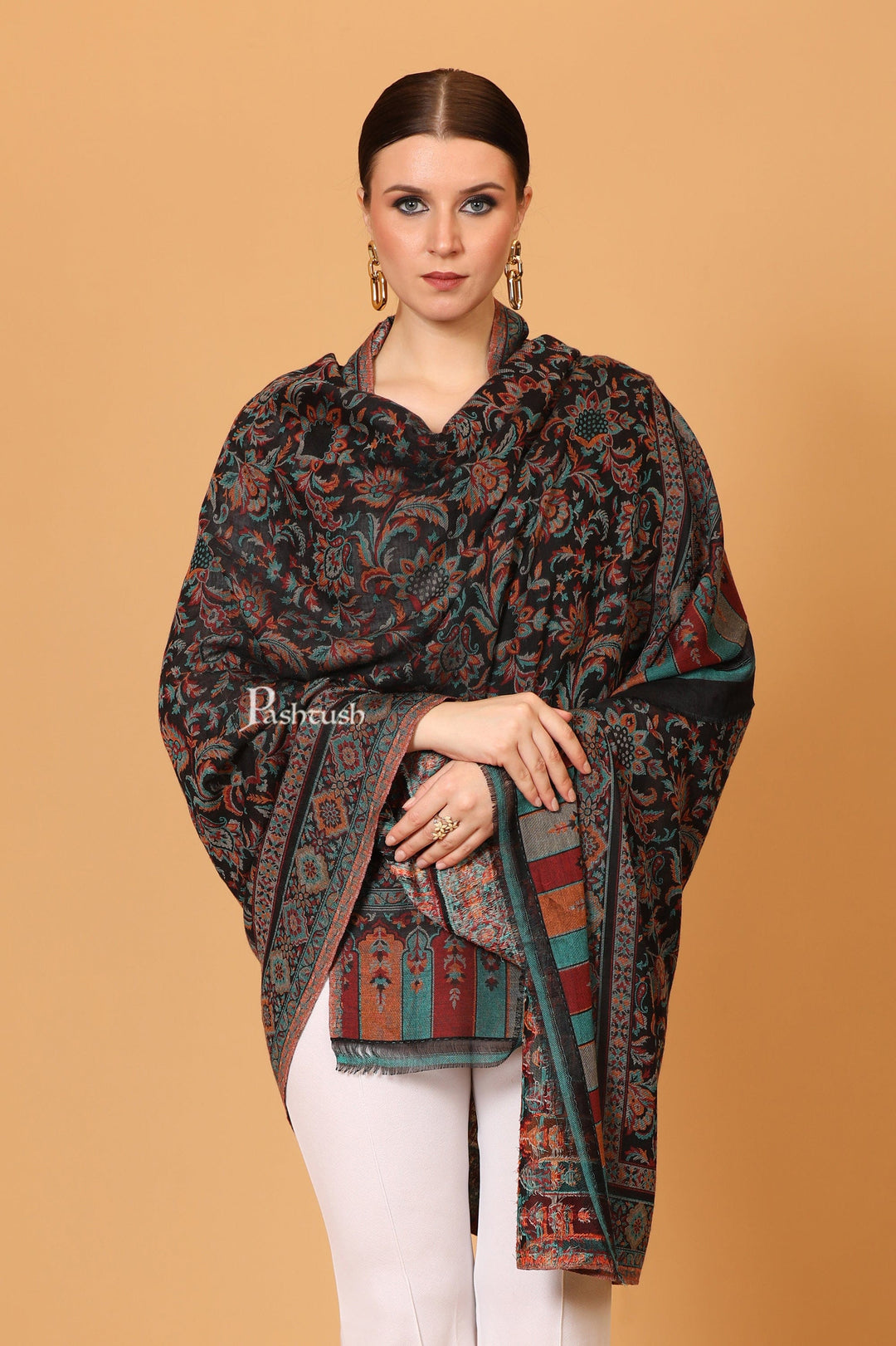 Pashtush India Womens Shawls Pashtush Womens Soft Bamboo Shawl, With Woven Ethnic Paisley Weave, Black