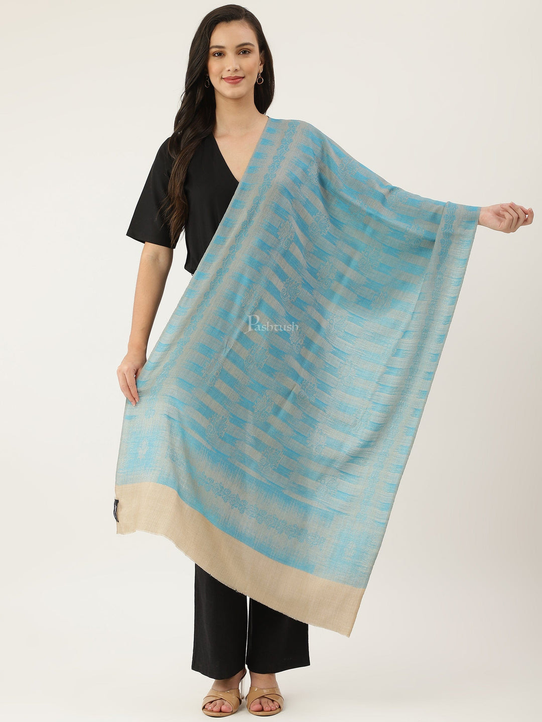 Pashtush India Womens Stoles and Scarves Scarf Pashtush womens Stole, Ikkat design, Turquoise