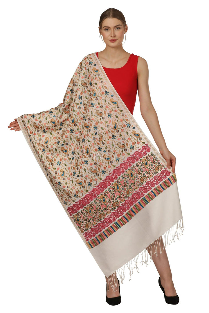 Pashtush India Womens Stoles and Scarves Scarf Pashtush Womens Stole With Aari Embroidery, Jaal Design, White