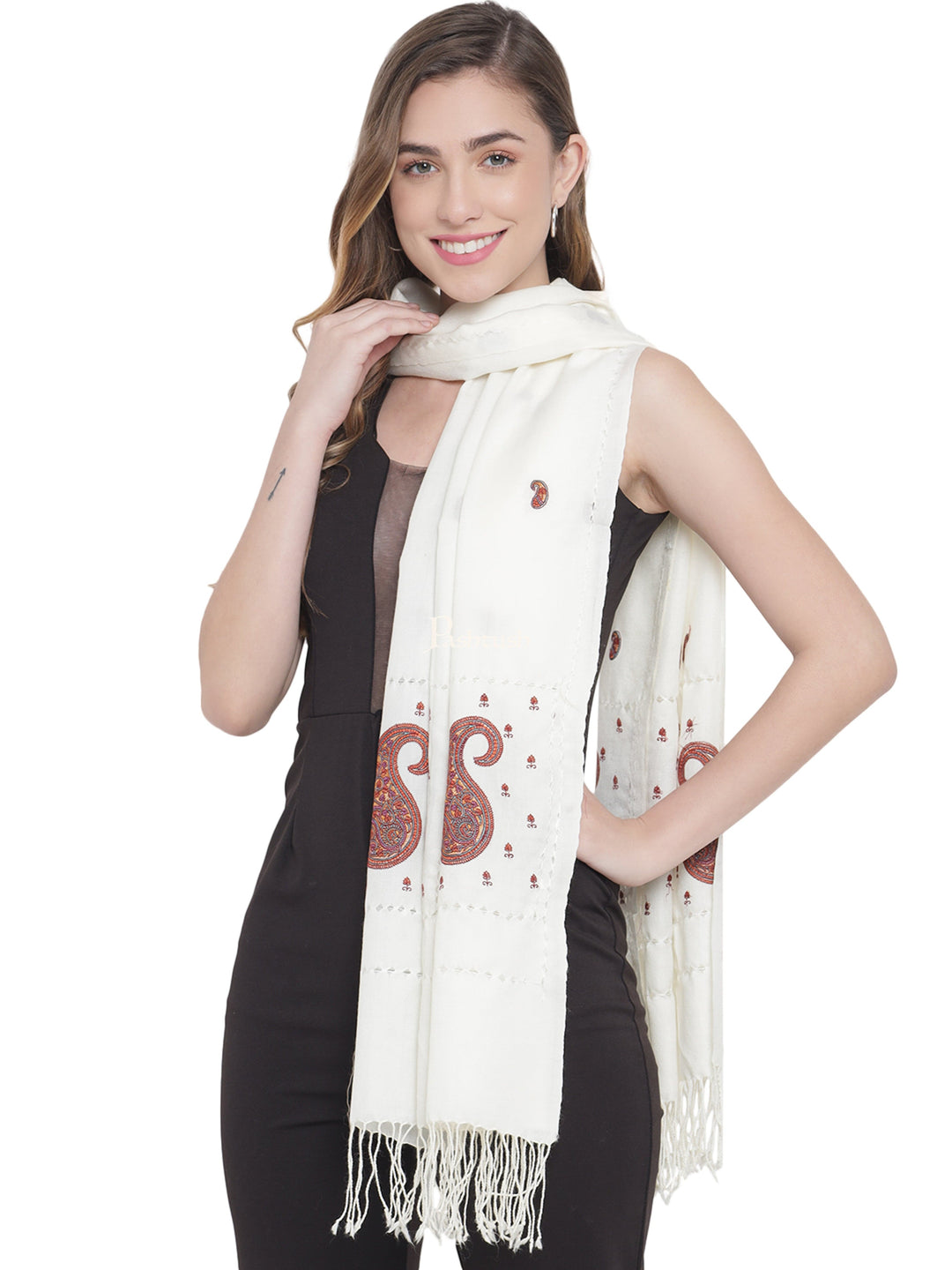 Pashtush India Womens Stoles and Scarves Scarf Pashtush Womens Tarkashi Embroidery, Hand Knotted, Fine Wool Stole, White