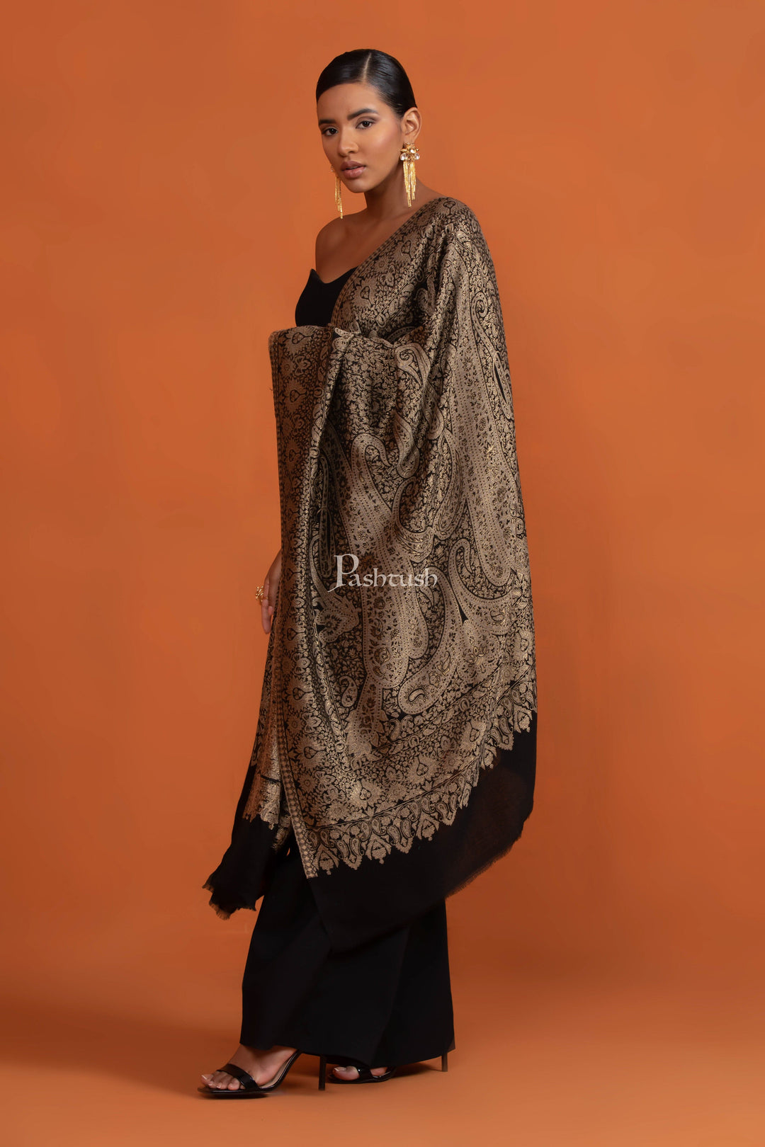 Pashtush India womens scarf and Stoles Pashtush Womens Twilight Collection, Silk Wool Stole, Black and Gold