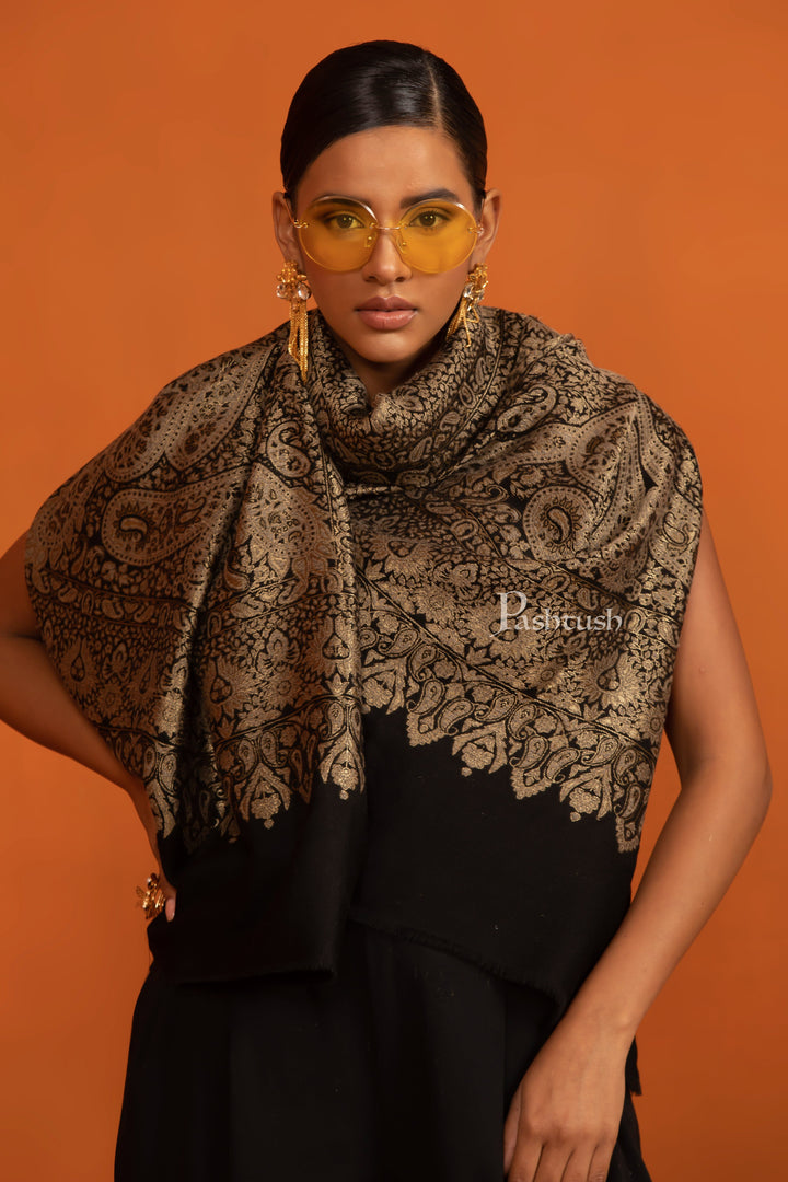 Pashtush India womens scarf and Stoles Pashtush Womens Twilight Collection, Silk Wool Stole, Black and Gold