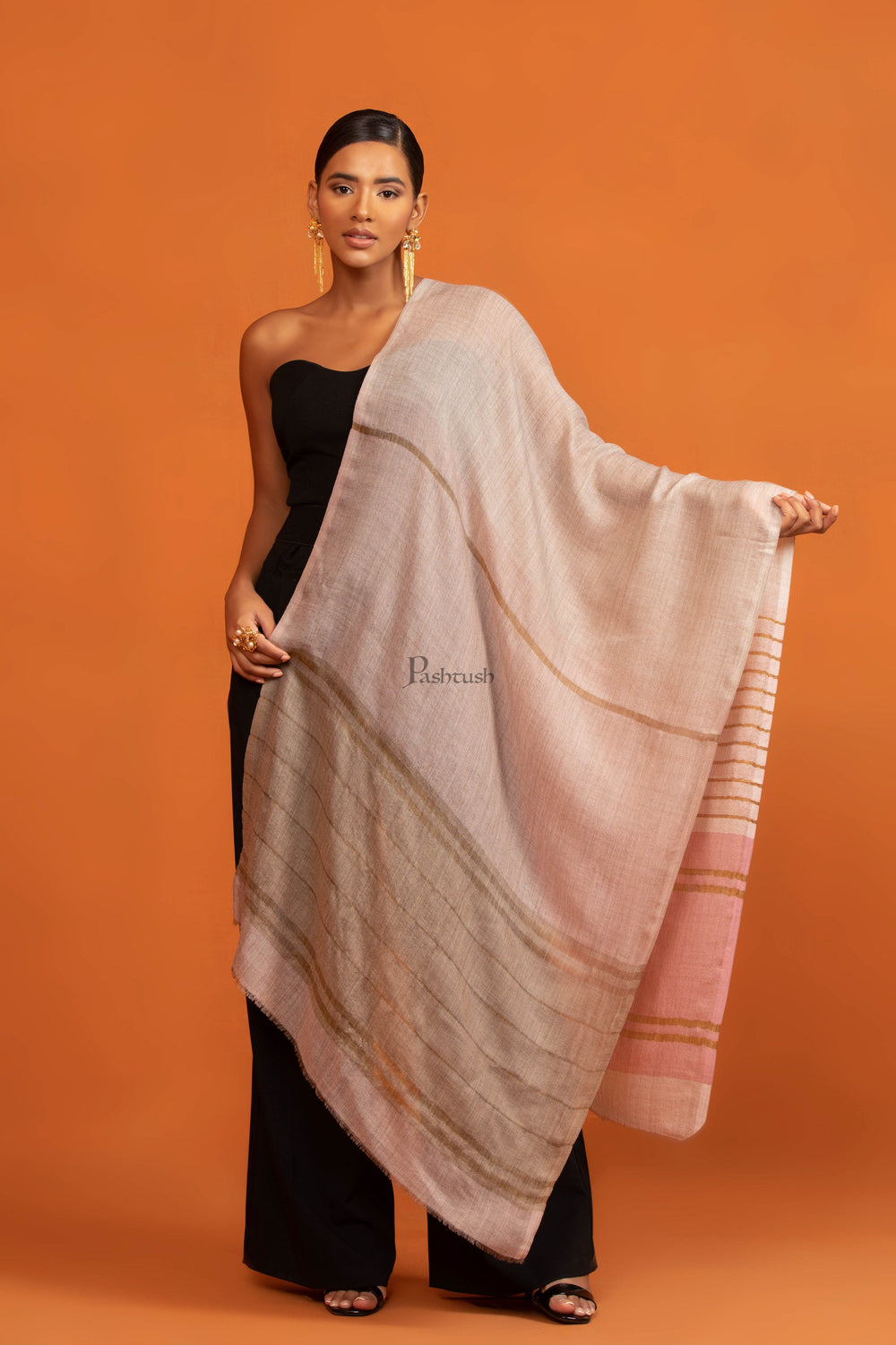 Pashtush India womens scarf and Stoles Pashtush Womens Twilight Collection Stole, Extra Soft Wool Silk with Striped Metallic Weave, Beige and Pink