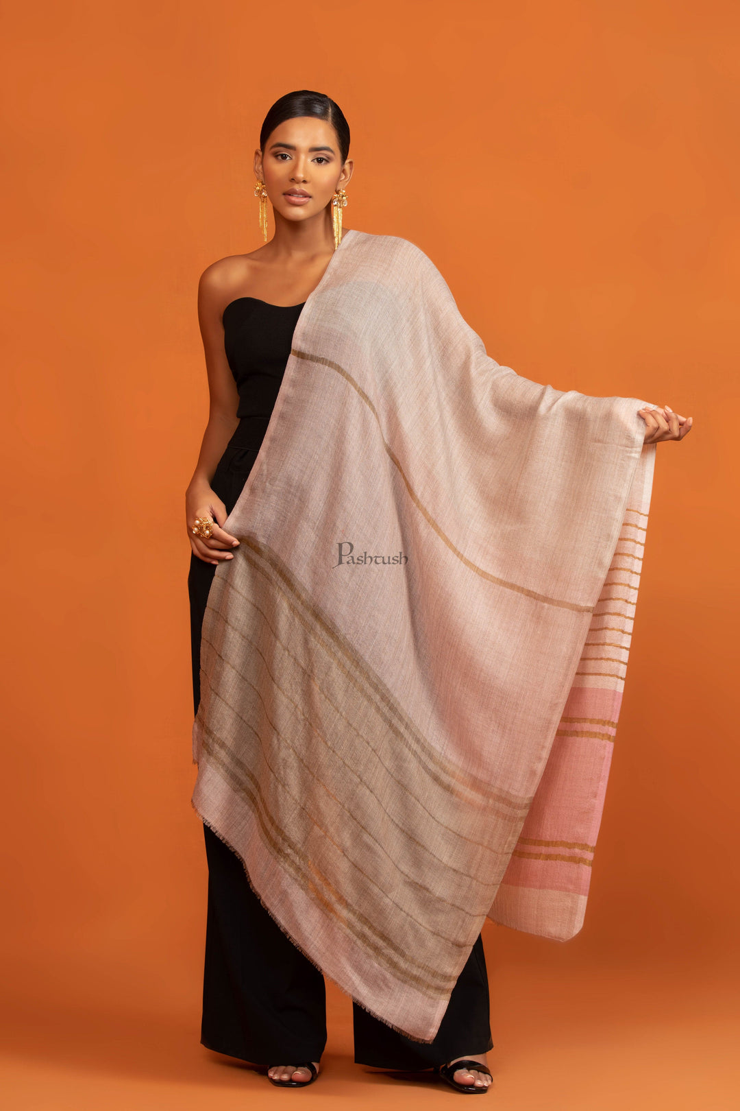 Pashtush India womens scarf and Stoles Pashtush Womens Twilight Collection Stole, Extra Soft Wool Silk with Striped Metallic Weave, Beige and Pink