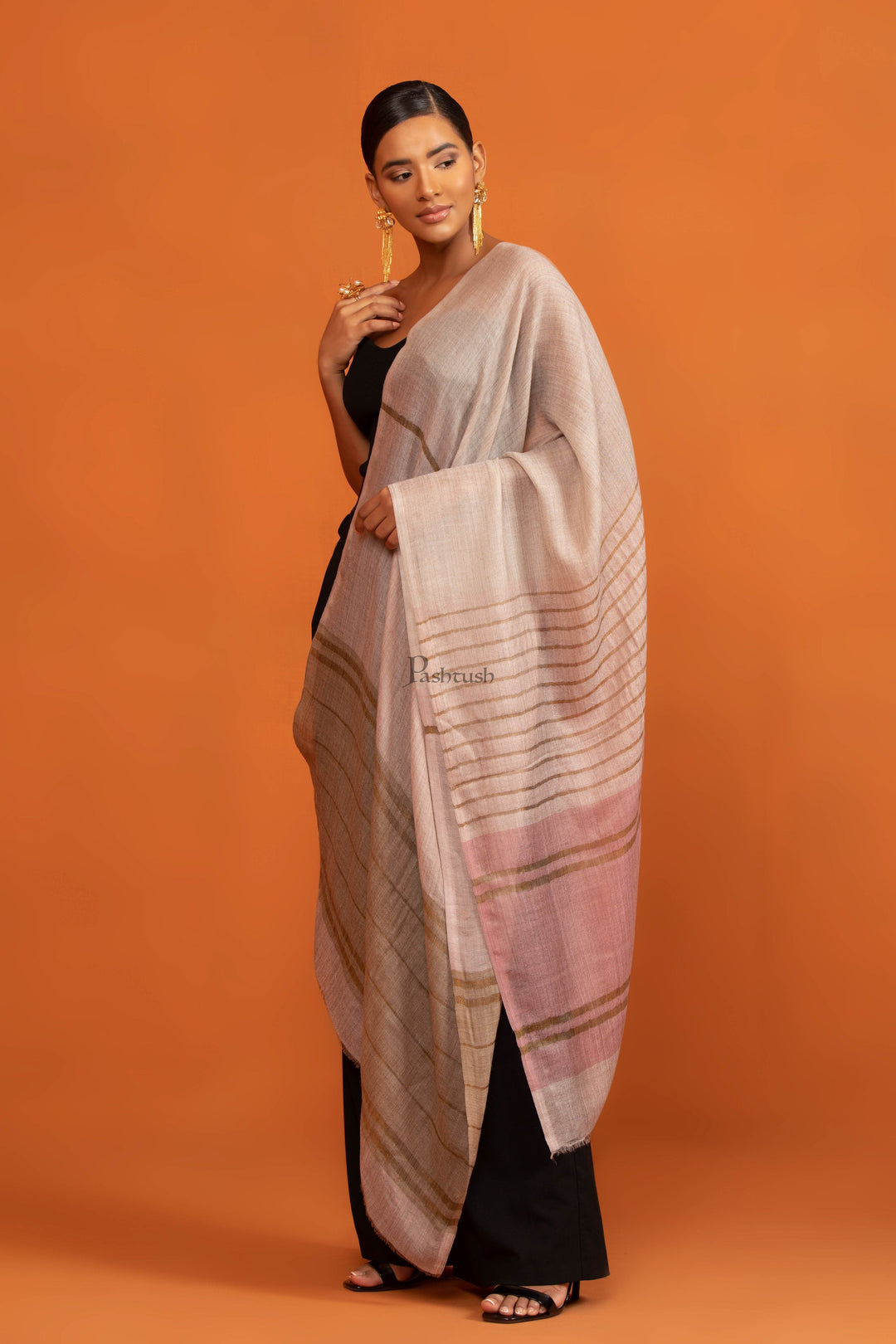 Pashtush India womens scarf and Stoles Pashtush Womens Twilight Collection Stole, Extra Soft Wool Silk with Striped Metallic Weave, Beige and Pink