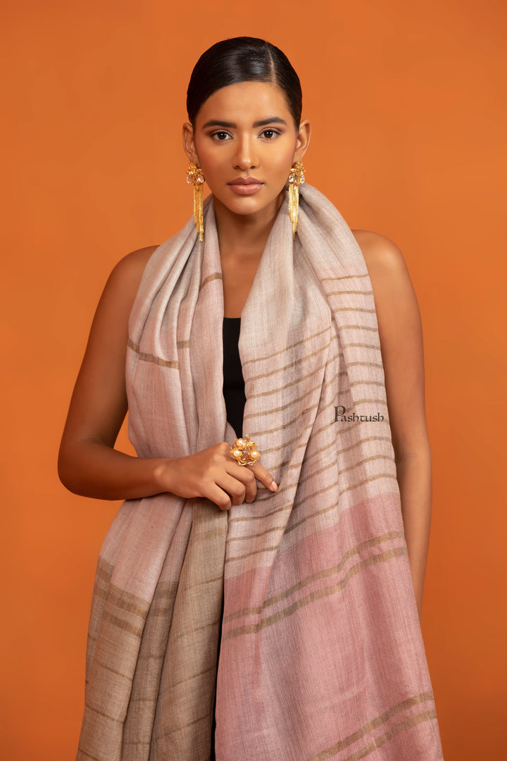 Pashtush India womens scarf and Stoles Pashtush Womens Twilight Collection Stole, Extra Soft Wool Silk with Striped Metallic Weave, Beige and Pink