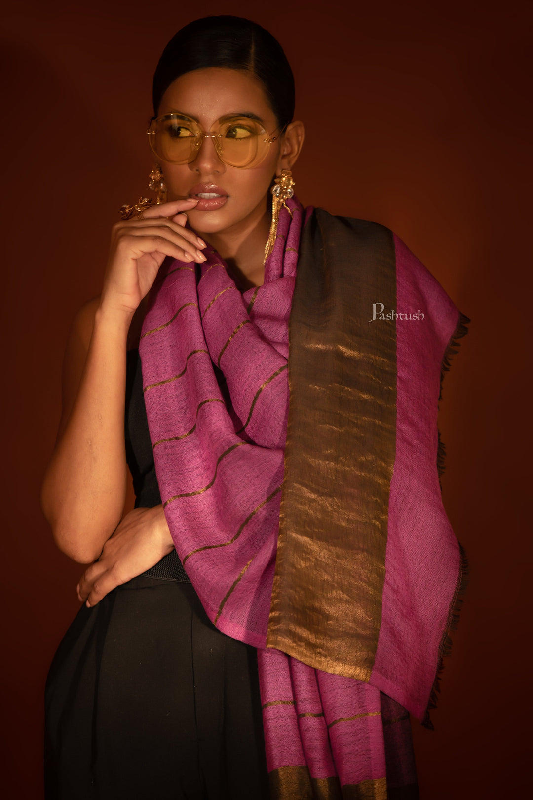 Pashtush India womens scarf and Stoles Pashtush Womens Twilight Collection Stole, With Striped Weave, Soft and Warm, Silk Wool, Pink