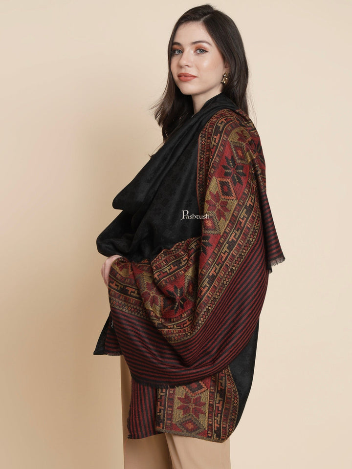 Pashtush India Womens Shawls Pashtush Womens Womens, Extra Fine Wool, Aztec Striped Palla Woven, Black