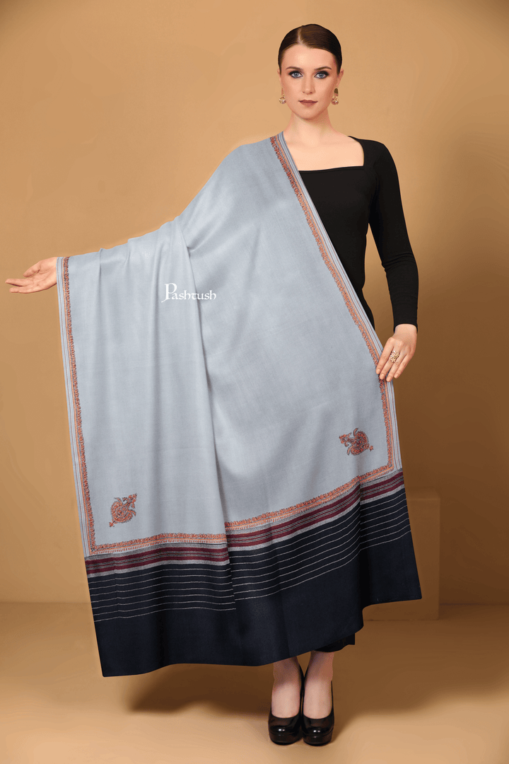 Pashtush India Womens Shawls Pashtush Womens Woollen Shawl, Hand Embroidered Kingri  Design, Grey