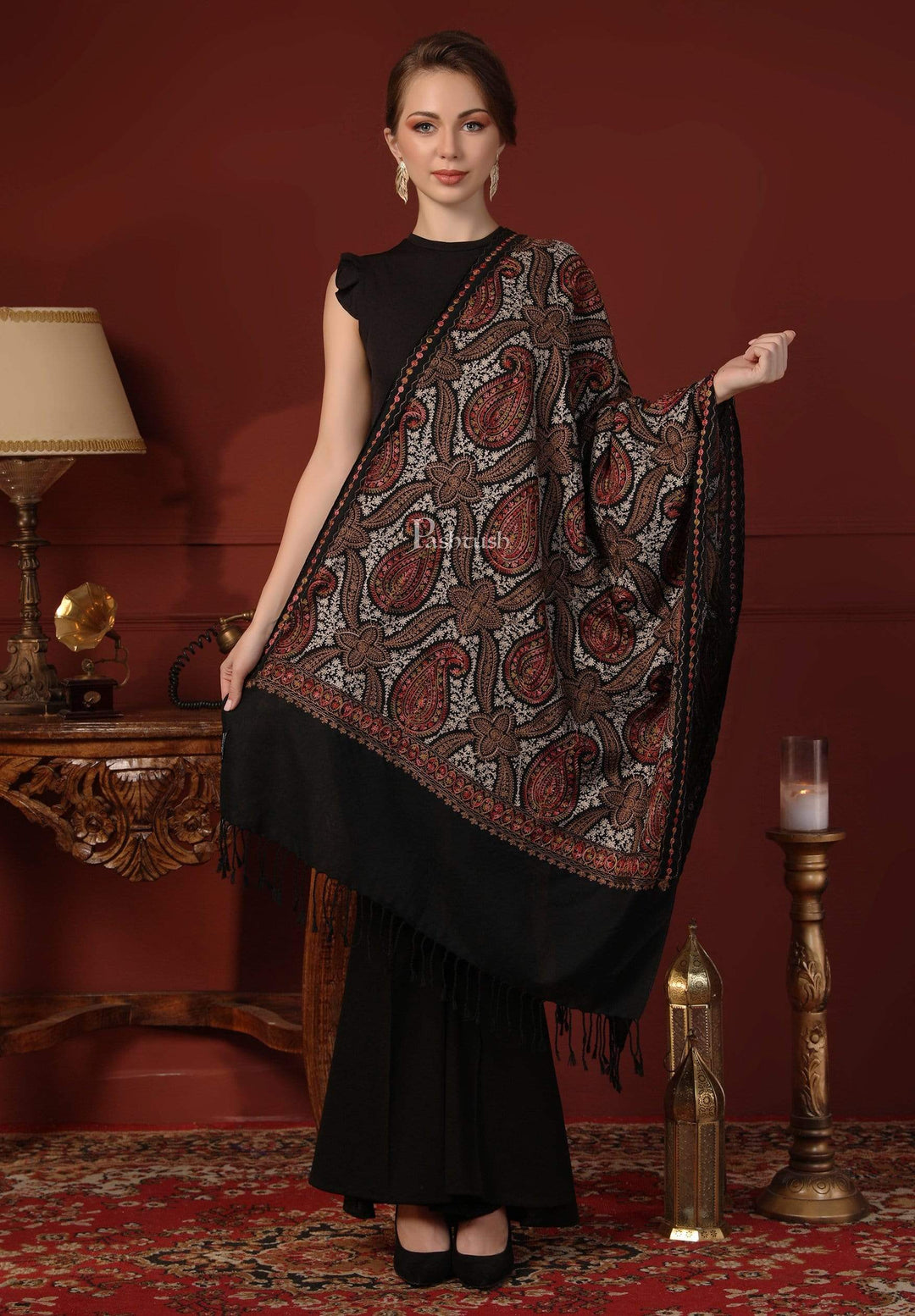 Pashtush India 70x200 Pashtush Womens Woollen Stole with Nalki Embroidery, Black